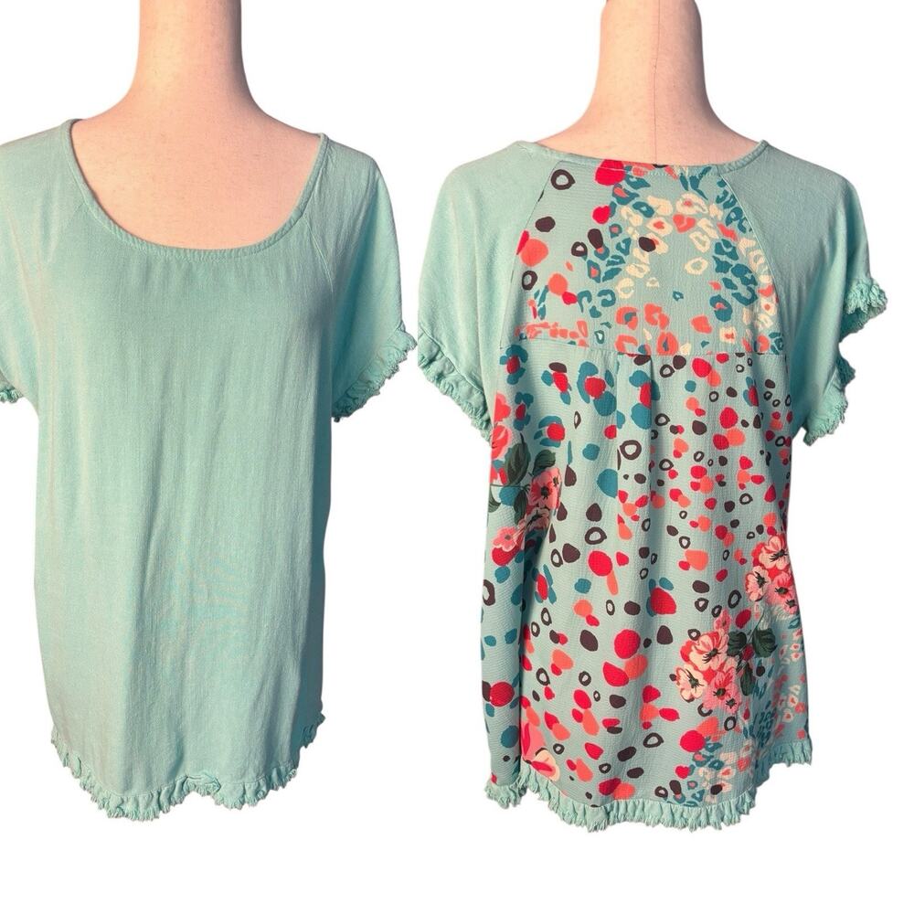 Umgee Top Womens M Green Linen Blend Floral Fringe Ruffle Cottage Hippie Relaxed